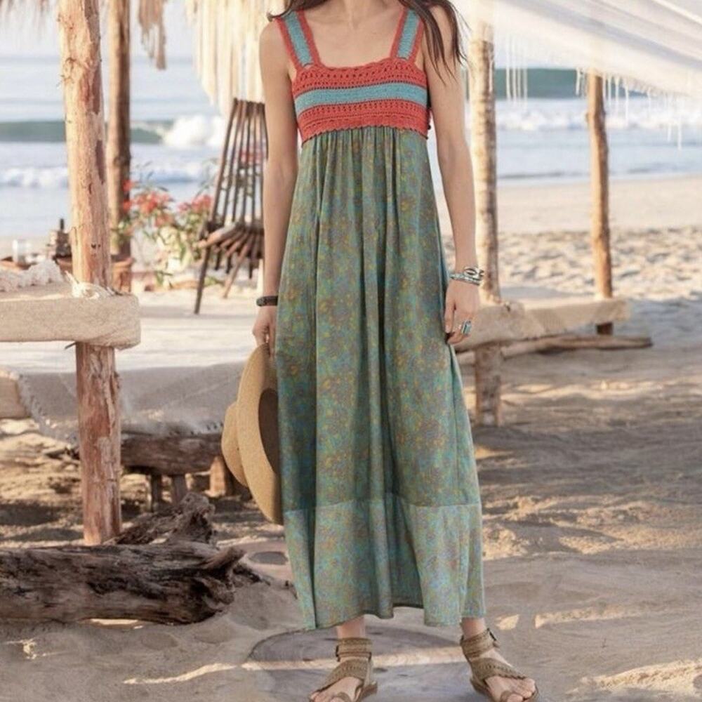 Sundance Boho Maxi Dress Crochet Straps Lightweight Flowy Cotton Size 14